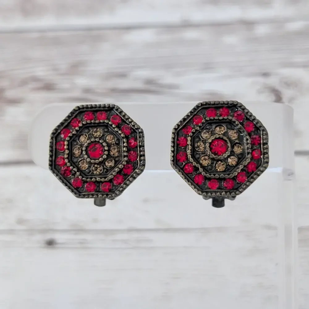 Vintage Clip On Earrings Red & Brown Gems Octagon